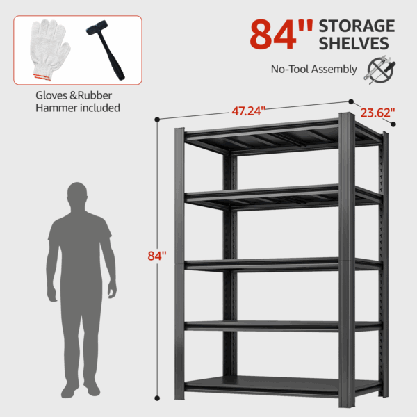 SYLOUGH 84" H Metal Garage Storage Shelves, 5 Tier Adjustable Shelving Unit for Warehouse, Office, Kitchen, Pantry, Living Room, Laundry Room, 48" W x 24" D, Load 2500 LBS, Black - Image 5