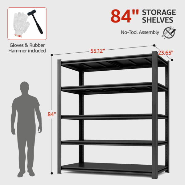 SYLOUGH 84" H Metal Garage Storage Shelves, 5 Tier Adjustable Shelving Unit for Warehouse, Office, Kitchen, Pantry, Living Room, Laundry Room, 55" W x 24" D, Load 2500 LBS, Black - Image 5
