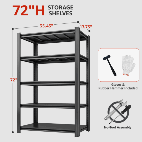 SYLOUGH 72" H Metal Garage Storage Shelves, 5 Tier Adjustable Shelving Unit for Warehouse, Office, Kitchen, Pantry, Living Room, Laundry Room, 35.43" W x 17.72" D, Load 2500 LBS, Black - Image 5